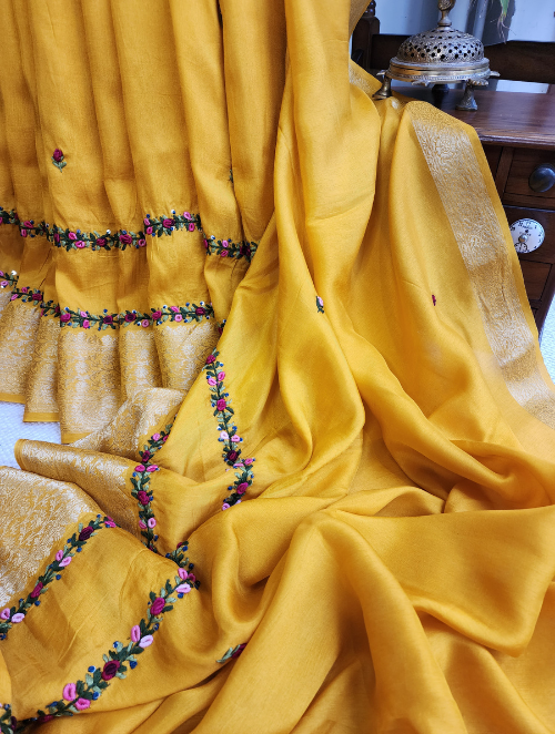 Zynah Yellow Munga Silk Saree With Zari Borders And Frenchknot & Kantha Embroidery; Custom Stitched/Ready-made Blouse, Fall, Petticoat; SKU: 1804202305
