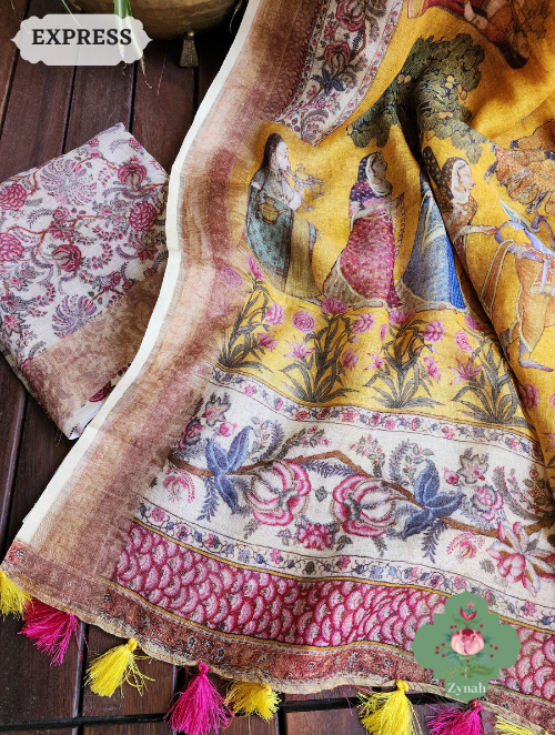 Zynah Yellow Organic Linen Saree With Pichwai Print & Zari Border; Custom Stitched/Ready-made Blouse, Fall, Petticoat; SKU: 0903202301