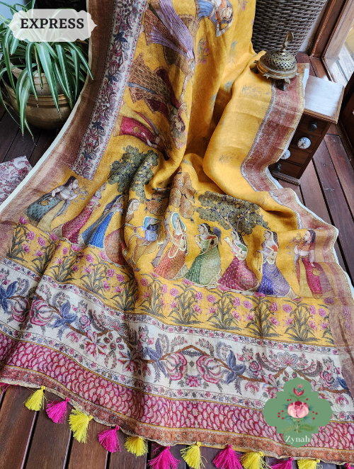 Zynah Yellow Organic Linen Saree With Pichwai Print & Zari Border; Custom Stitched/Ready-made Blouse, Fall, Petticoat; SKU: 0903202301