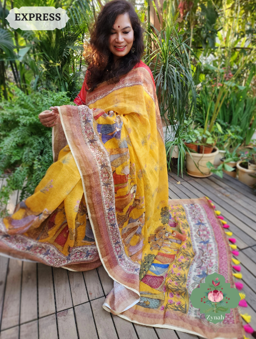 Zynah Yellow Organic Linen Saree With Pichwai Print & Zari Border; Custom Stitched/Ready-made Blouse, Fall, Petticoat; SKU: 0903202301