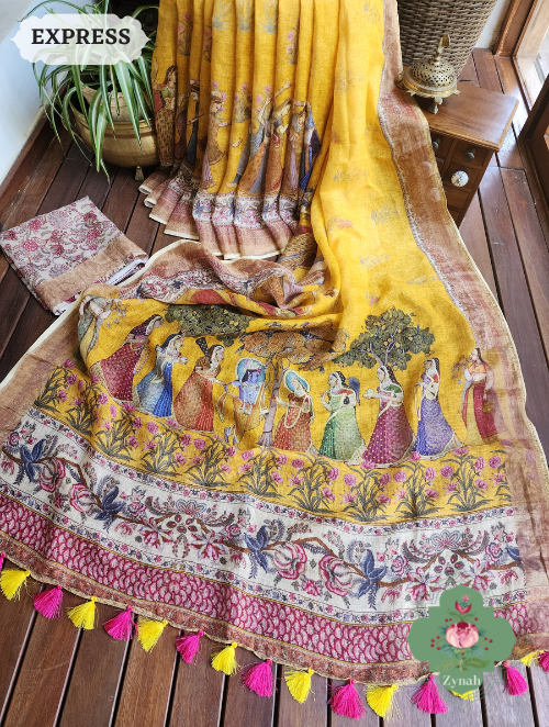 Zynah Yellow Organic Linen Saree With Pichwai Print & Zari Border; Custom Stitched/Ready-made Blouse, Fall, Petticoat; SKU: 0903202301