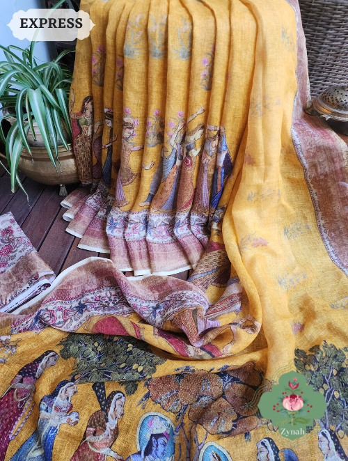 Zynah Yellow Organic Linen Saree With Pichwai Print & Zari Border; Custom Stitched/Ready-made Blouse, Fall, Petticoat; SKU: 0903202301