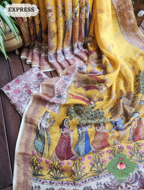 Zynah Yellow Organic Linen Saree With Pichwai Print & Zari Border; Custom Stitched/Ready-made Blouse, Fall, Petticoat; SKU: 0903202301