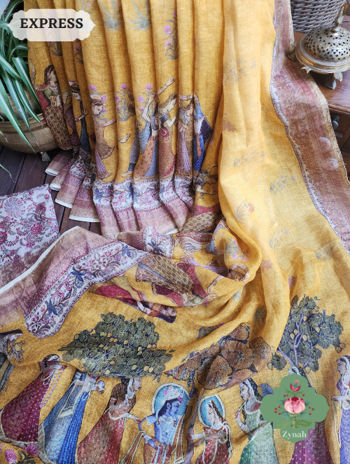 Zynah Yellow Organic Linen Saree With Pichwai Print & Zari Border; Custom Stitched/Ready-made Blouse, Fall, Petticoat; SKU: 0903202301