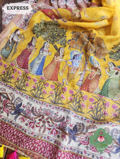 Zynah Yellow Organic Linen Saree With Pichwai Print & Zari Border; Custom Stitched/Ready-made Blouse, Fall, Petticoat; SKU: 0903202301