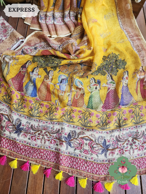 Zynah Yellow Organic Linen Saree With Pichwai Print & Zari Border; Custom Stitched/Ready-made Blouse, Fall, Petticoat; SKU: 0903202301