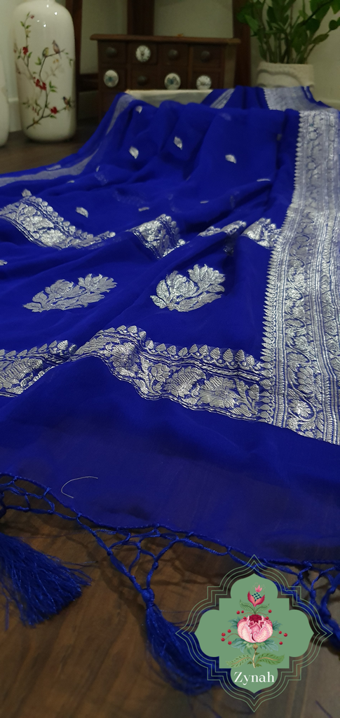 Zynah Blue Color Pure Banarasi Handloom Khaddi Georgette Saree with Zari Border & Butis; Custom Stitched/Ready-made Blouse, Fall, Petticoat; Shipping available USA, Worldwide