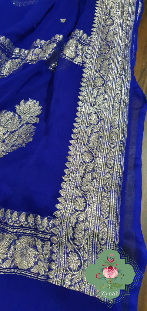 Zynah Blue Color Pure Banarasi Handloom Khaddi Georgette Saree with Zari Border & Butis; Custom Stitched/Ready-made Blouse, Fall, Petticoat; Shipping available USA, Worldwide