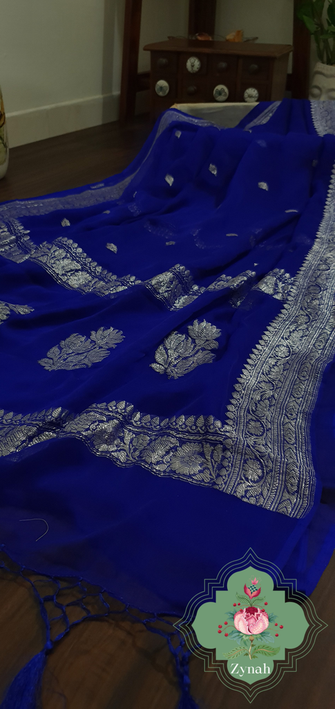 Zynah Blue Color Pure Banarasi Handloom Khaddi Georgette Saree with Zari Border & Butis; Custom Stitched/Ready-made Blouse, Fall, Petticoat; Shipping available USA, Worldwide