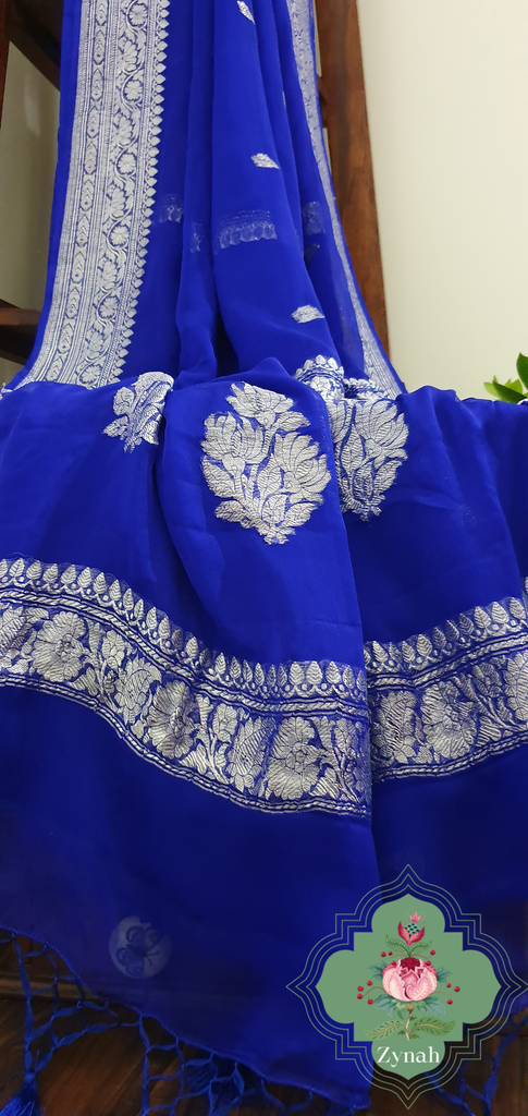 Zynah Blue Color Pure Banarasi Handloom Khaddi Georgette Saree with Zari Border & Butis; Custom Stitched/Ready-made Blouse, Fall, Petticoat; Shipping available USA, Worldwide
