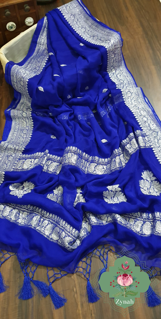Zynah Blue Color Pure Banarasi Handloom Khaddi Georgette Saree with Zari Border & Butis; Custom Stitched/Ready-made Blouse, Fall, Petticoat; Shipping available USA, Worldwide