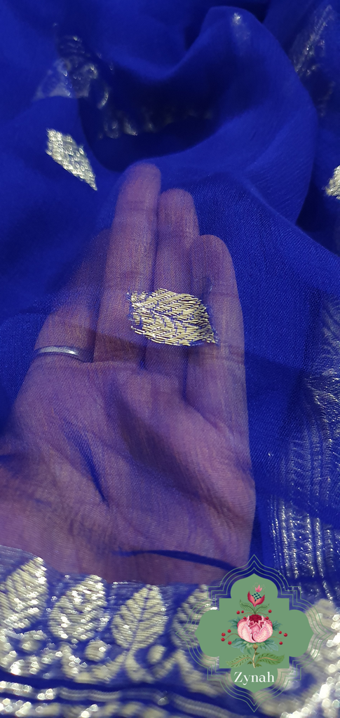 Zynah Blue Color Pure Banarasi Handloom Khaddi Georgette Saree with Zari Border & Butis; Custom Stitched/Ready-made Blouse, Fall, Petticoat; Shipping available USA, Worldwide