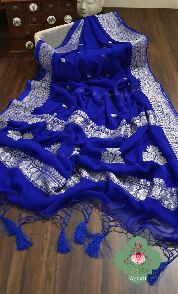 Zynah Blue Color Pure Banarasi Handloom Khaddi Georgette Saree with Zari Border & Butis; Custom Stitched/Ready-made Blouse, Fall, Petticoat; Shipping available USA, Worldwide