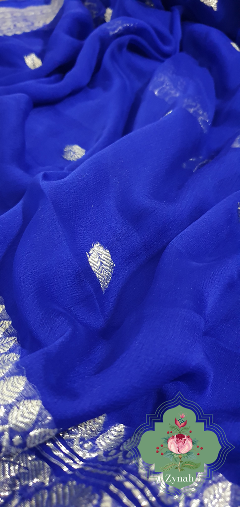 Zynah Blue Color Pure Banarasi Handloom Khaddi Georgette Saree with Zari Border & Butis; Custom Stitched/Ready-made Blouse, Fall, Petticoat; Shipping available USA, Worldwide