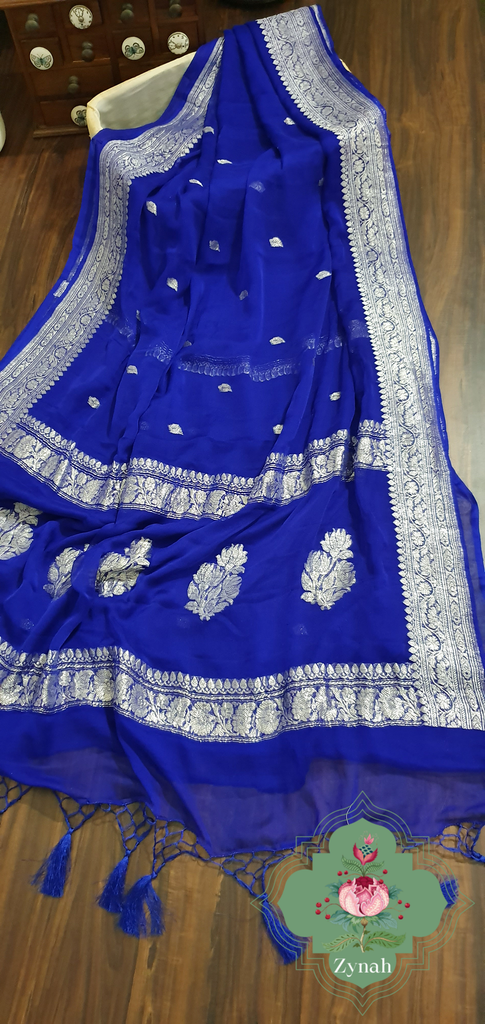 Zynah Blue Color Pure Banarasi Handloom Khaddi Georgette Saree with Zari Border & Butis; Custom Stitched/Ready-made Blouse, Fall, Petticoat; Shipping available USA, Worldwide