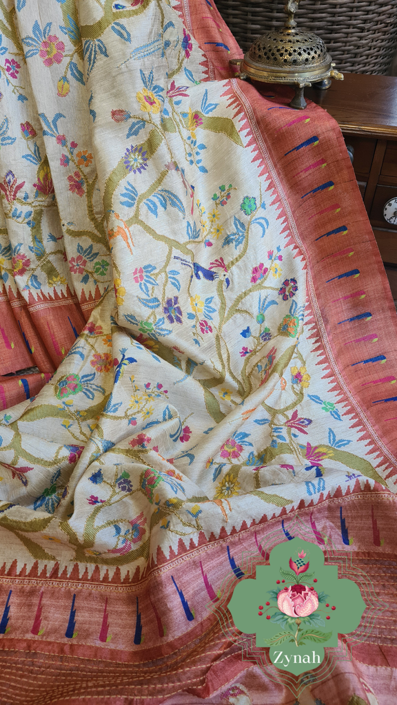 Zynah Rust Color Jute Linen Paithani inspired Saree with Kantha Embroidery; Custom Stitched/Ready-made Blouse, Fall, Petticoat; Shipping available USA, Worldwide