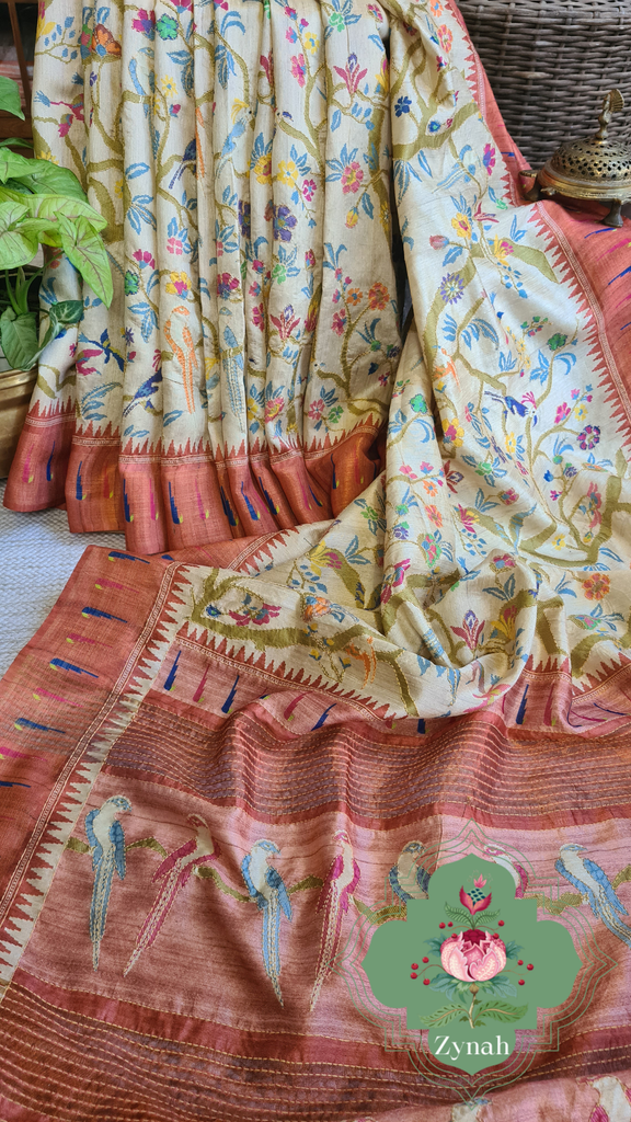 Zynah Rust Color Jute Linen Paithani inspired Saree with Kantha Embroidery; Custom Stitched/Ready-made Blouse, Fall, Petticoat; Shipping available USA, Worldwide
