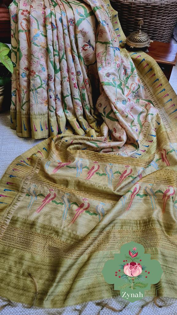 Zynah Olive Green Color Jute Linen Paithani inspired Saree with Kantha Embroidery; Custom Stitched/Ready-made Blouse, Fall, Petticoat; Shipping available USA, Worldwide