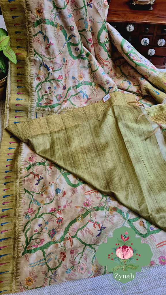 Zynah Olive Green Color Jute Linen Paithani inspired Saree with Kantha Embroidery; Custom Stitched/Ready-made Blouse, Fall, Petticoat; Shipping available USA, Worldwide
