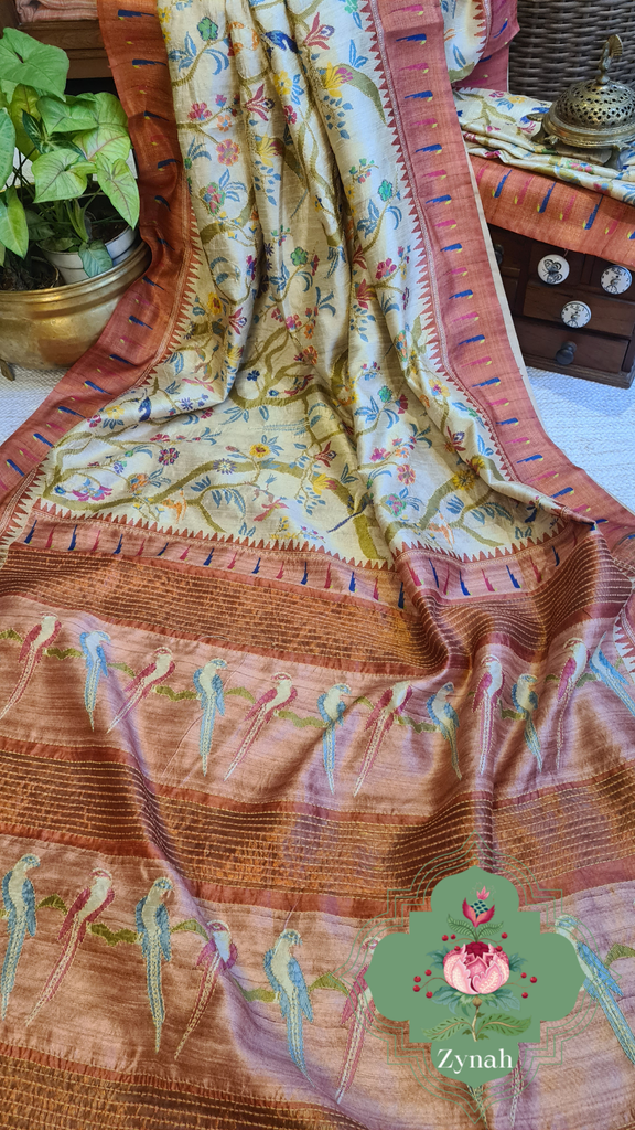 Zynah Rust Color Jute Linen Paithani inspired Saree with Kantha Embroidery; Custom Stitched/Ready-made Blouse, Fall, Petticoat; Shipping available USA, Worldwide