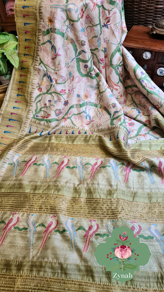Zynah Olive Green Color Jute Linen Paithani inspired Saree with Kantha Embroidery; Custom Stitched/Ready-made Blouse, Fall, Petticoat; Shipping available USA, Worldwide