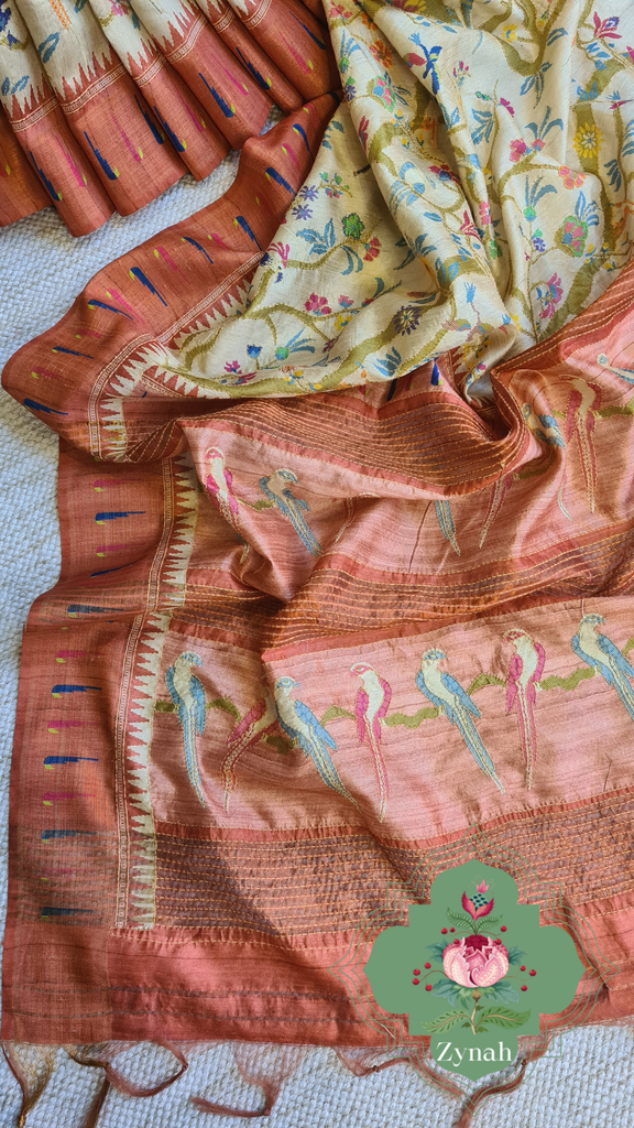 Zynah Rust Color Jute Linen Paithani inspired Saree with Kantha Embroidery; Custom Stitched/Ready-made Blouse, Fall, Petticoat; Shipping available USA, Worldwide