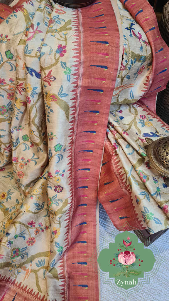 Zynah Rust Color Jute Linen Paithani inspired Saree with Kantha Embroidery; Custom Stitched/Ready-made Blouse, Fall, Petticoat; Shipping available USA, Worldwide