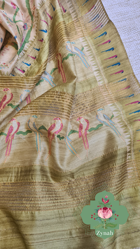 Zynah Olive Green Color Jute Linen Paithani inspired Saree with Kantha Embroidery; Custom Stitched/Ready-made Blouse, Fall, Petticoat; Shipping available USA, Worldwide
