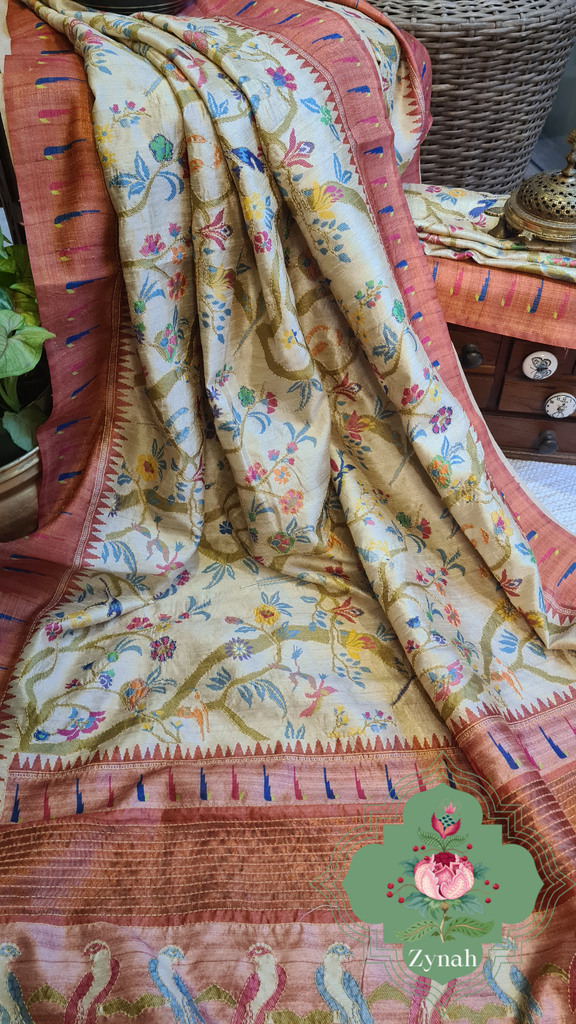 Zynah Rust Color Jute Linen Paithani inspired Saree with Kantha Embroidery; Custom Stitched/Ready-made Blouse, Fall, Petticoat; Shipping available USA, Worldwide