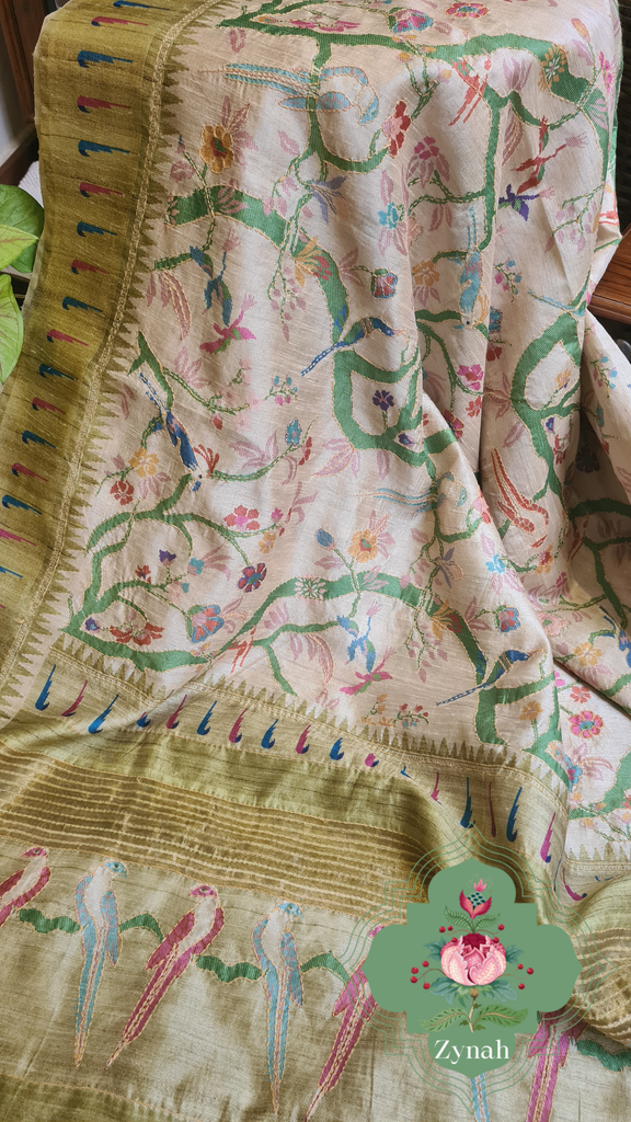 Zynah Olive Green Color Jute Linen Paithani inspired Saree with Kantha Embroidery; Custom Stitched/Ready-made Blouse, Fall, Petticoat; Shipping available USA, Worldwide