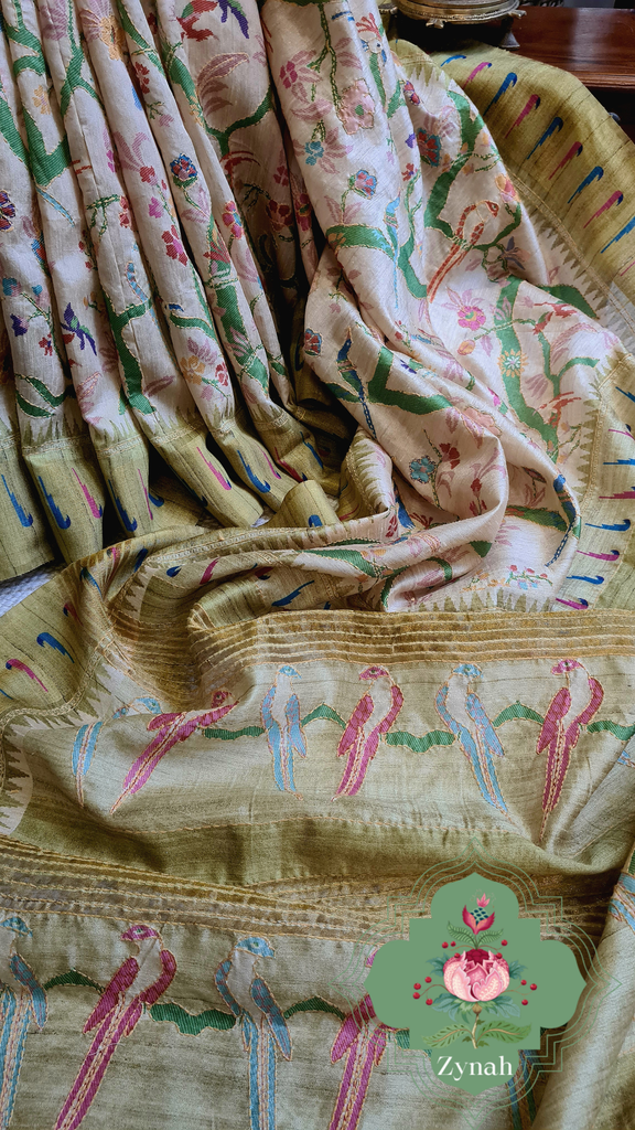 Zynah Olive Green Color Jute Linen Paithani inspired Saree with Kantha Embroidery; Custom Stitched/Ready-made Blouse, Fall, Petticoat; Shipping available USA, Worldwide