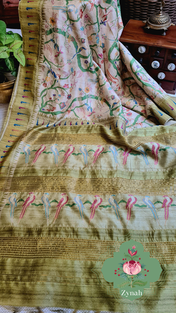 Zynah Olive Green Color Jute Linen Paithani inspired Saree with Kantha Embroidery; Custom Stitched/Ready-made Blouse, Fall, Petticoat; Shipping available USA, Worldwide