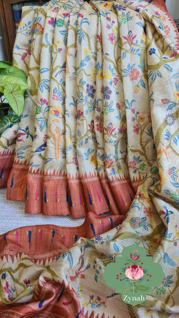 Zynah Rust Color Jute Linen Paithani inspired Saree with Kantha Embroidery; Custom Stitched/Ready-made Blouse, Fall, Petticoat; Shipping available USA, Worldwide