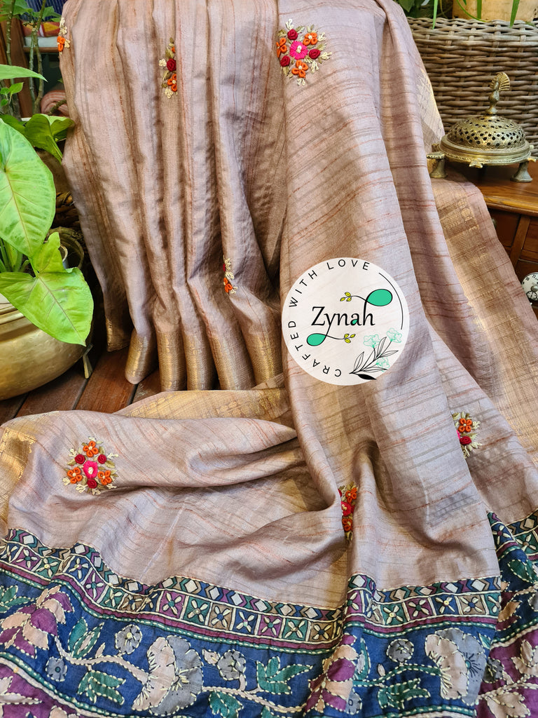 Zynah Beige Color Jute Linen Saree with French-knot, Kantha Embroidery & Kalamkari Pallu; Custom Stitched/Ready-made Blouse, Fall, Petticoat; Shipping available USA, Worldwide