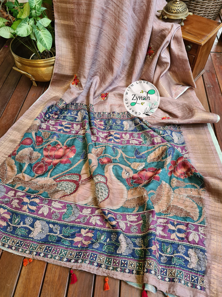 Zynah Beige Color Jute Linen Saree with French-knot, Kantha Embroidery & Kalamkari Pallu; Custom Stitched/Ready-made Blouse, Fall, Petticoat; Shipping available USA, Worldwide