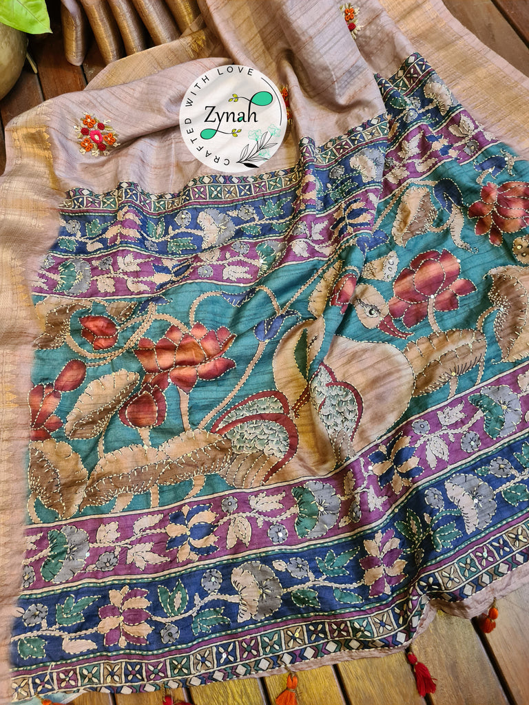 Zynah Beige Color Jute Linen Saree with French-knot, Kantha Embroidery & Kalamkari Pallu; Custom Stitched/Ready-made Blouse, Fall, Petticoat; Shipping available USA, Worldwide