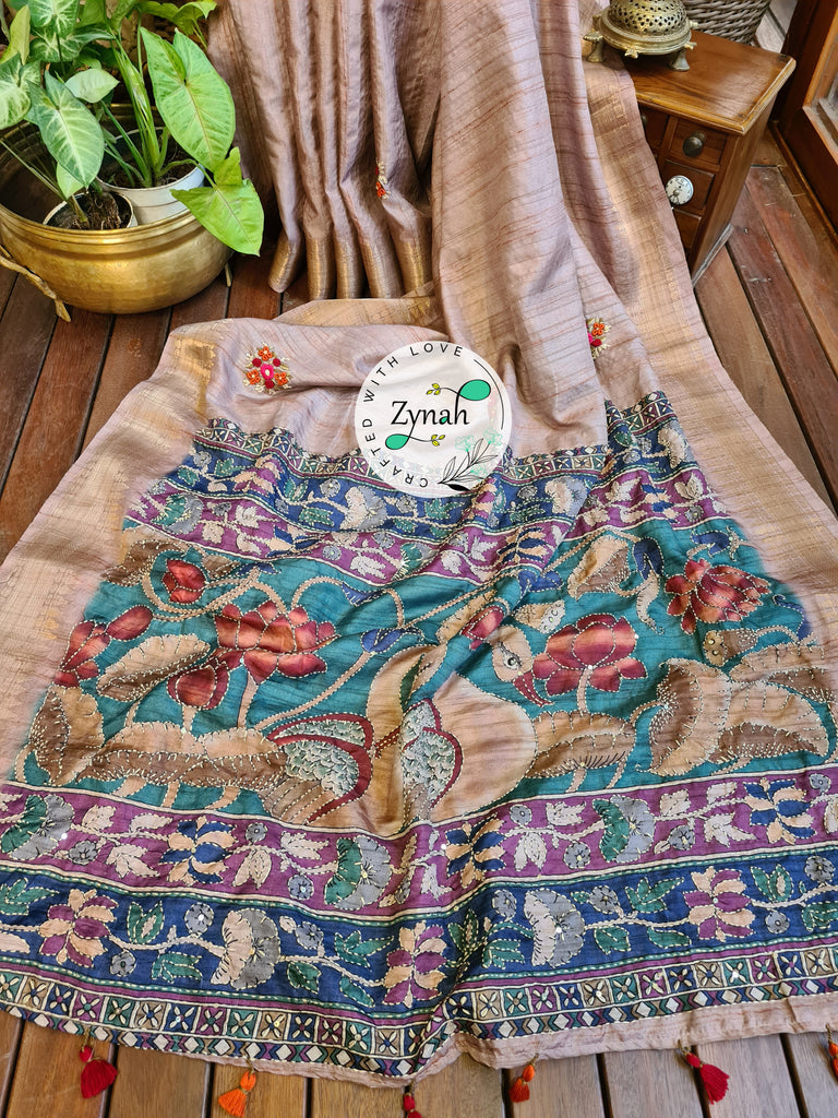 Zynah Beige Color Jute Linen Saree with French-knot, Kantha Embroidery & Kalamkari Pallu; Custom Stitched/Ready-made Blouse, Fall, Petticoat; Shipping available USA, Worldwide