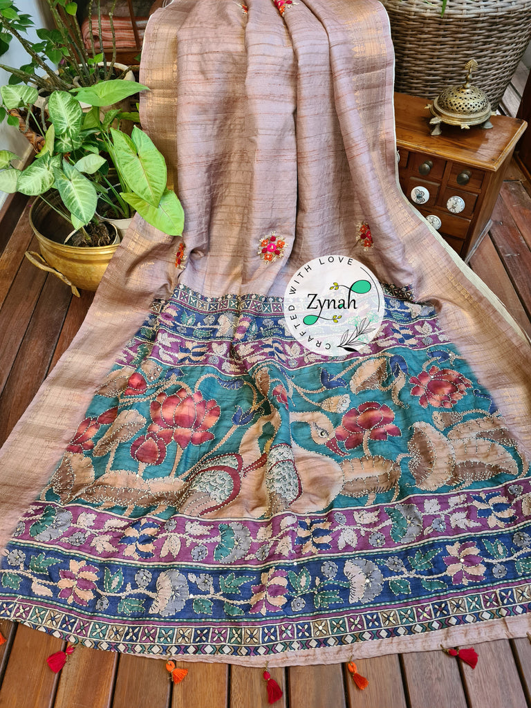 Zynah Beige Color Jute Linen Saree with French-knot, Kantha Embroidery & Kalamkari Pallu; Custom Stitched/Ready-made Blouse, Fall, Petticoat; Shipping available USA, Worldwide