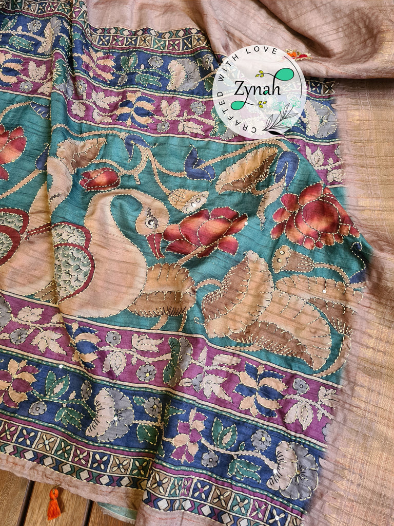 Zynah Beige Color Jute Linen Saree with French-knot, Kantha Embroidery & Kalamkari Pallu; Custom Stitched/Ready-made Blouse, Fall, Petticoat; Shipping available USA, Worldwide