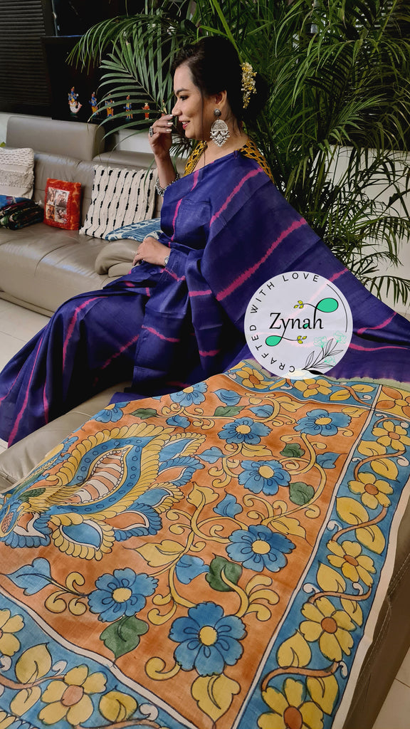 Zynah Bluish Violet Color Pure Tussar Silk Saree with Shibori Print & Kalamkari Pallu; Custom Stitched/Ready-made Blouse, Fall, Petticoat; Shipping available USA, Worldwide
