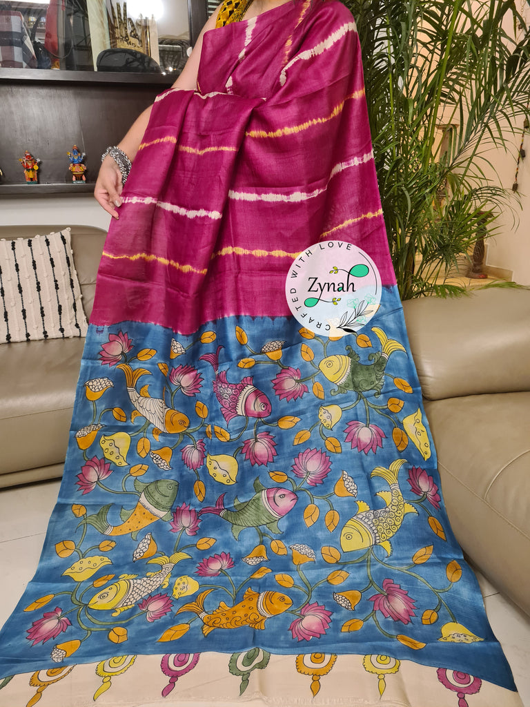 Zynah Pink Color Pure Tussar Silk Saree with Shibori Print & Kalamkari Pallu; Custom Stitched/Ready-made Blouse, Fall, Petticoat; Shipping available USA, Worldwide
