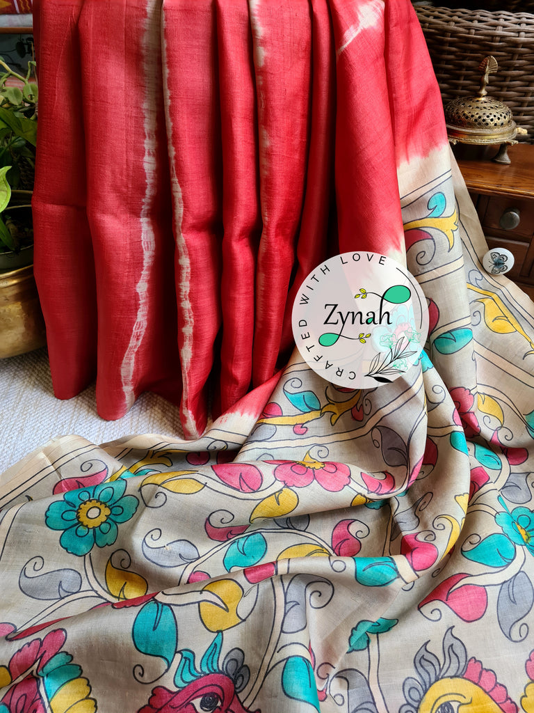 Zynah Red Color Pure Tussar Silk Saree with Shibori Print & Kalamkari Pallu; Custom Stitched/Ready-made Blouse, Fall, Petticoat; Shipping available USA, Worldwide