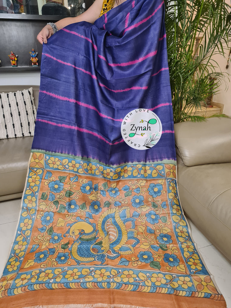 Zynah Bluish Violet Color Pure Tussar Silk Saree with Shibori Print & Kalamkari Pallu; Custom Stitched/Ready-made Blouse, Fall, Petticoat; Shipping available USA, Worldwide