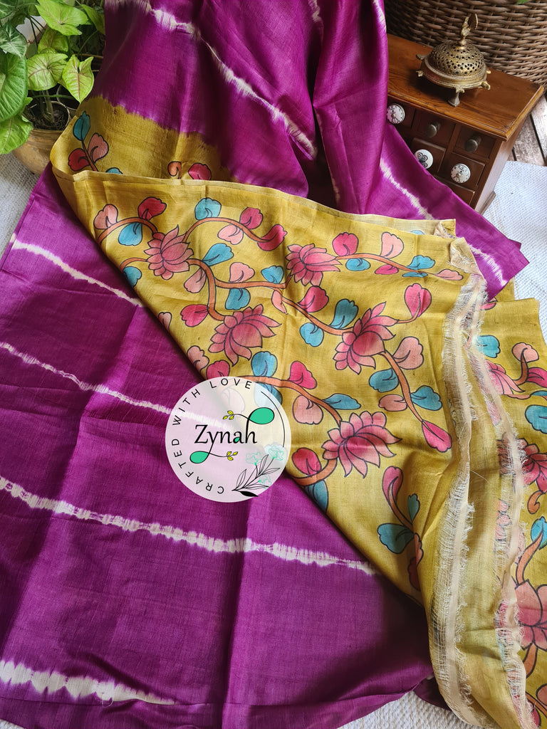 Zynah Purple Color Pure Tussar Silk Saree with Shibori Print & Kalamkari Pallu; Custom Stitched/Ready-made Blouse, Fall, Petticoat; Shipping available USA, Worldwide
