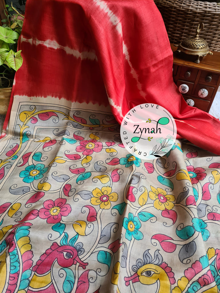 Zynah Red Color Pure Tussar Silk Saree with Shibori Print & Kalamkari Pallu; Custom Stitched/Ready-made Blouse, Fall, Petticoat; Shipping available USA, Worldwide