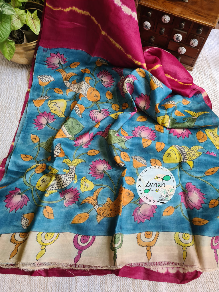 Zynah Pink Color Pure Tussar Silk Saree with Shibori Print & Kalamkari Pallu; Custom Stitched/Ready-made Blouse, Fall, Petticoat; Shipping available USA, Worldwide
