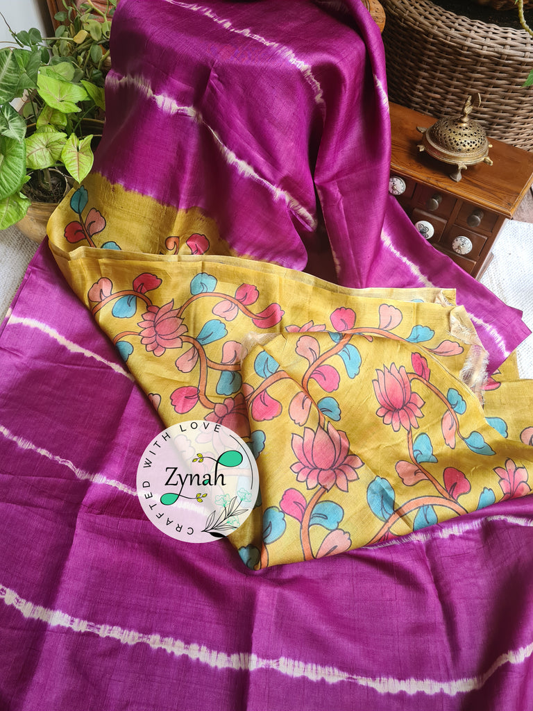 Zynah Purple Color Pure Tussar Silk Saree with Shibori Print & Kalamkari Pallu; Custom Stitched/Ready-made Blouse, Fall, Petticoat; Shipping available USA, Worldwide