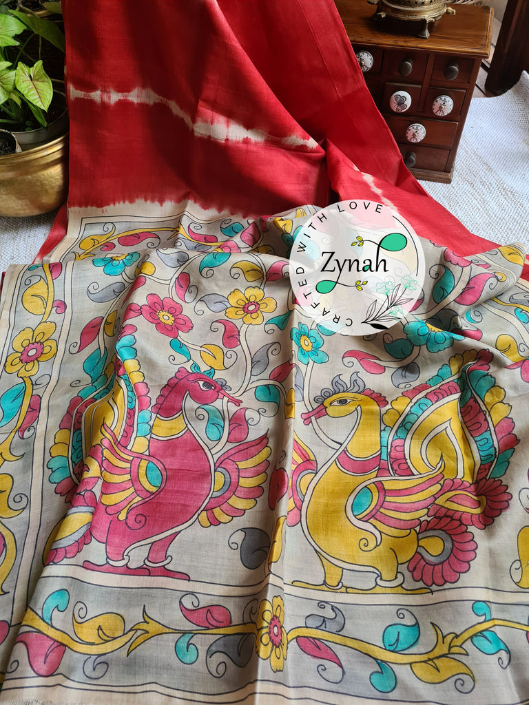 Zynah Red Color Pure Tussar Silk Saree with Shibori Print & Kalamkari Pallu; Custom Stitched/Ready-made Blouse, Fall, Petticoat; Shipping available USA, Worldwide