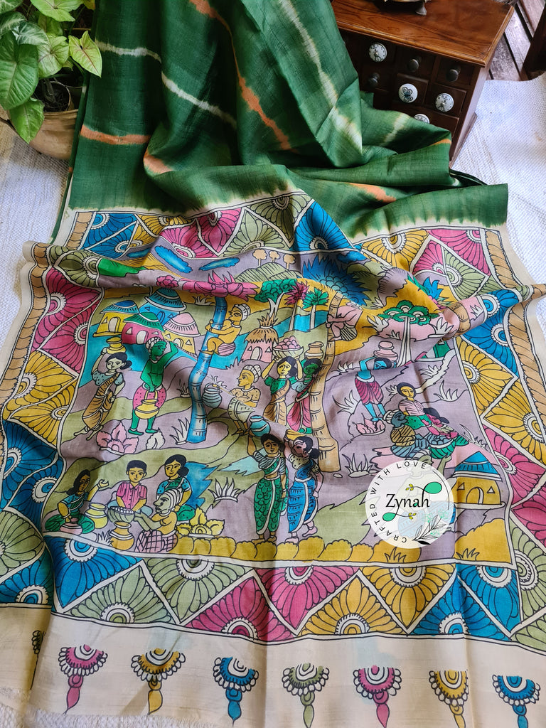 Zynah Green Color Pure Tussar Silk Saree with Shibori Print & Kalamkari Pallu; Custom Stitched/Ready-made Blouse, Fall, Petticoat; Shipping available USA, Worldwide