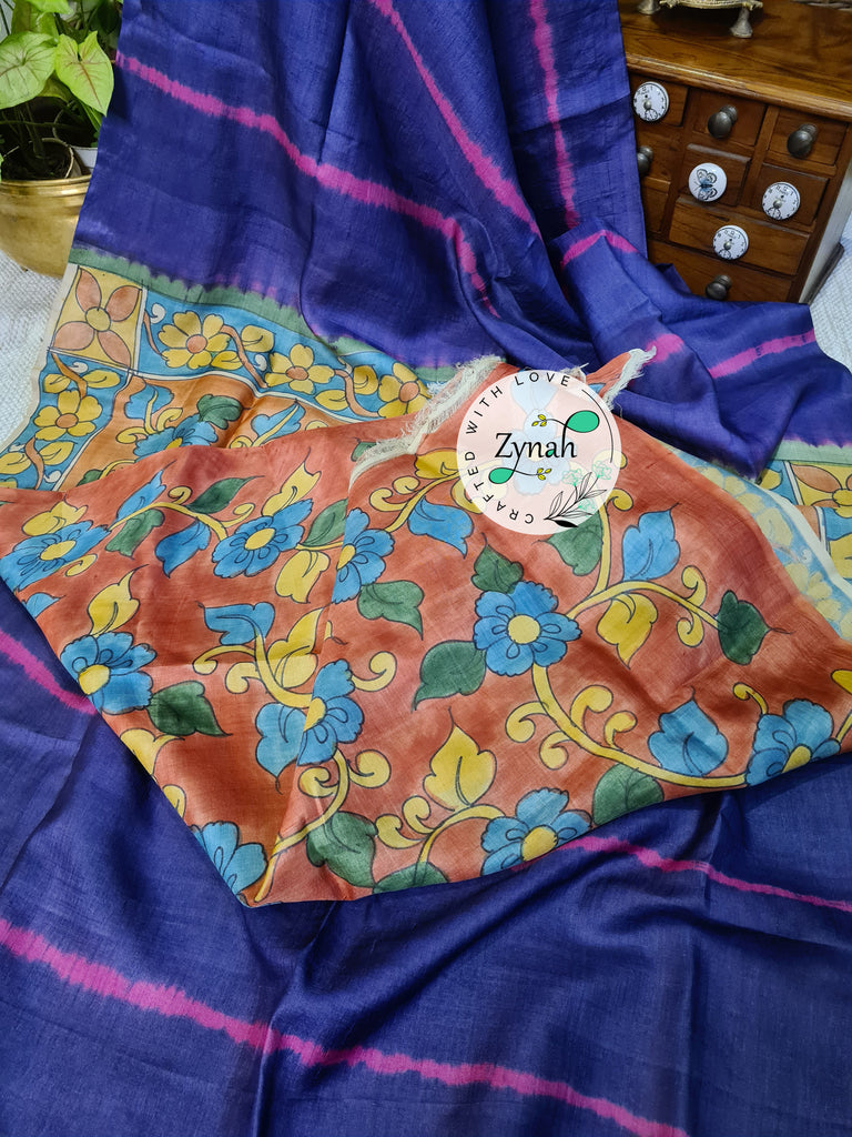 Zynah Bluish Violet Color Pure Tussar Silk Saree with Shibori Print & Kalamkari Pallu; Custom Stitched/Ready-made Blouse, Fall, Petticoat; Shipping available USA, Worldwide